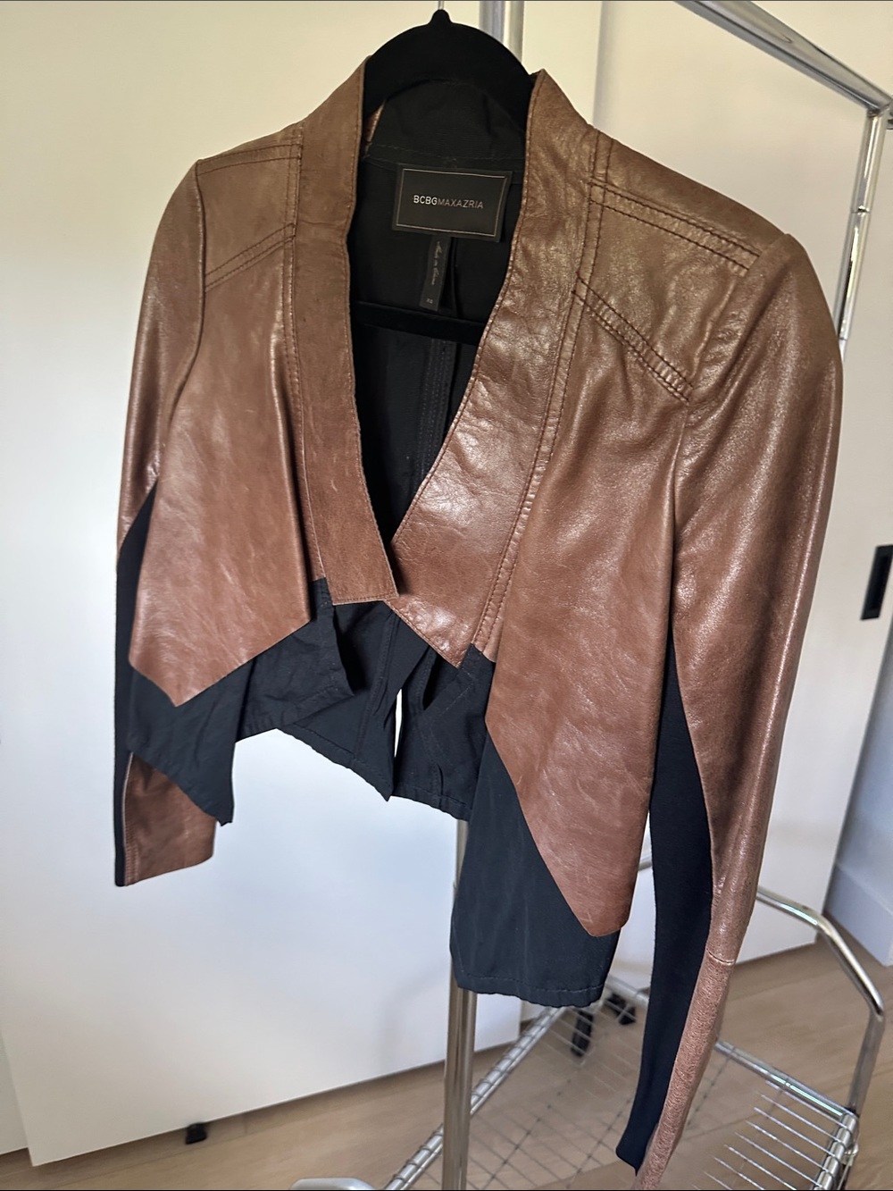 BCBGMAXAZRIA Brown Leather Draped Jacket